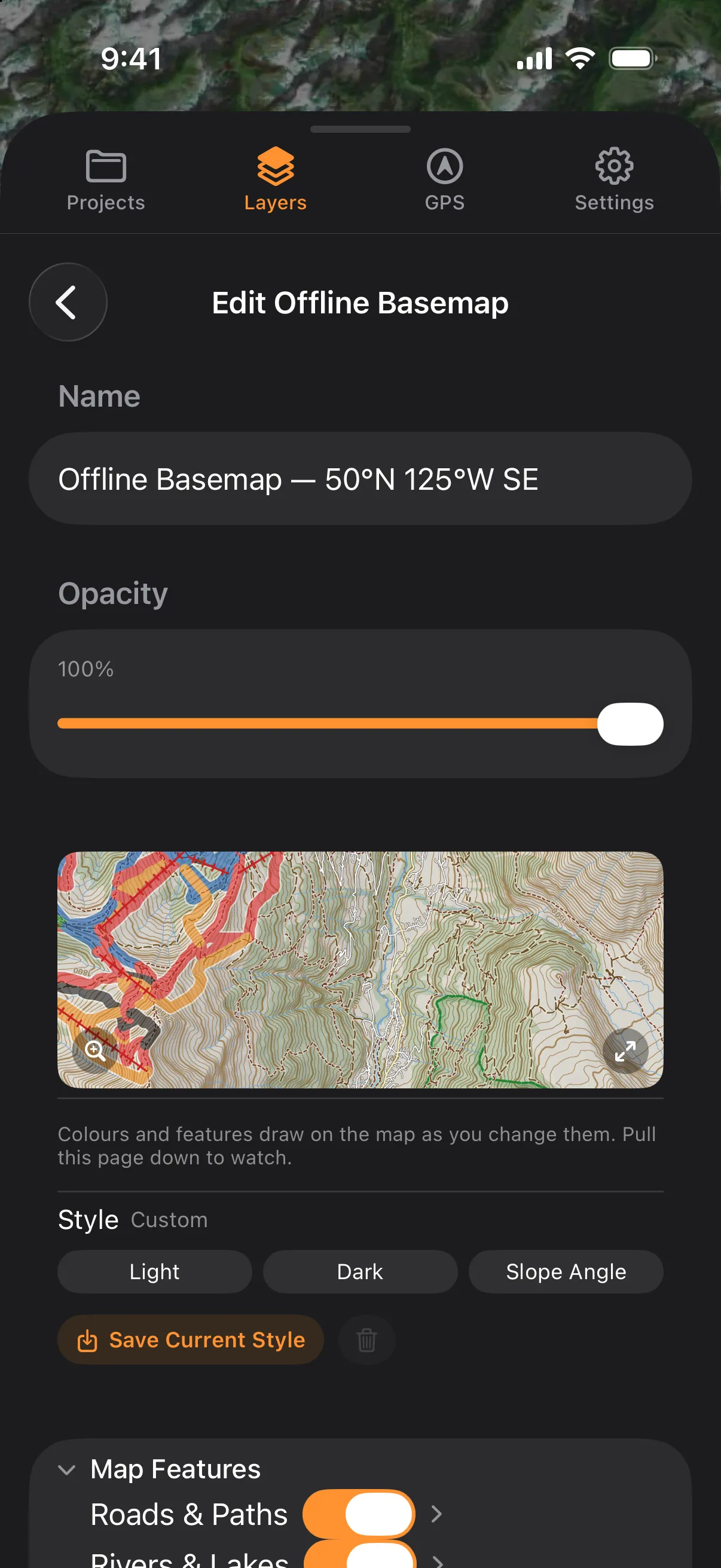 Edit Offline Basemap on iPhone: the Name field, Opacity, the preview, the Style row with Light, Dark and Slope Angle and Save Current Style, then the Map Features card