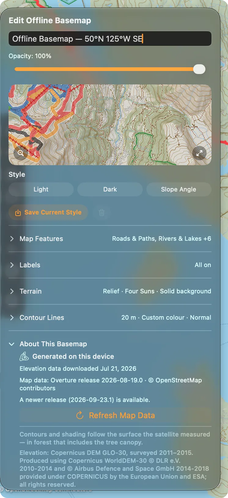 The Edit Offline Basemap popover on Mac: the name, Opacity, the preview, the Style row with Light, Dark and Slope Angle, Save Current Style, the Map Features, Labels, Terrain and Contour Lines rows with their summaries, and About This Basemap with Refresh Map Data