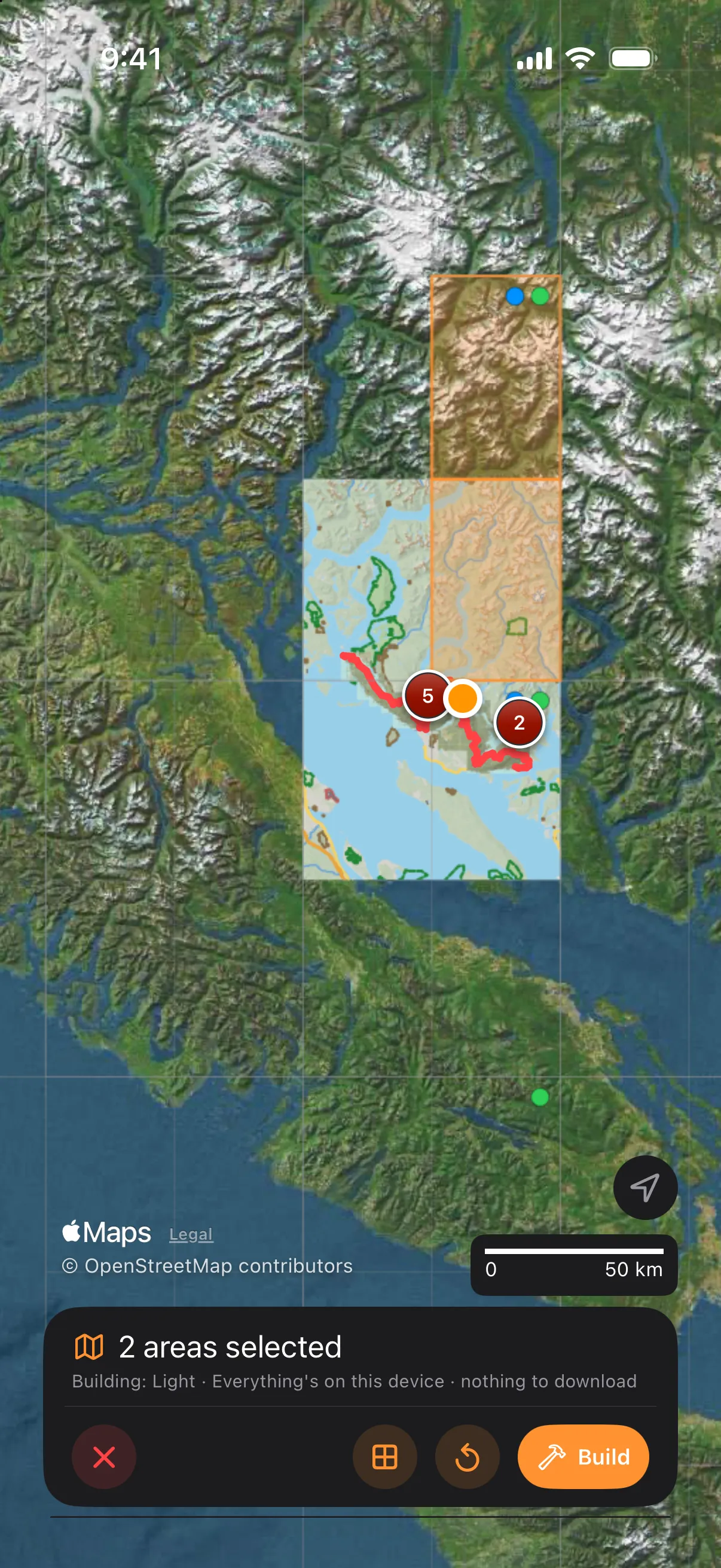 The area picker on iPhone: the half-degree grid over the Sunshine Coast with two quarters picked in orange, the green dot and blue dot in a square's corner, and the tool card reading 2 areas selected with Build