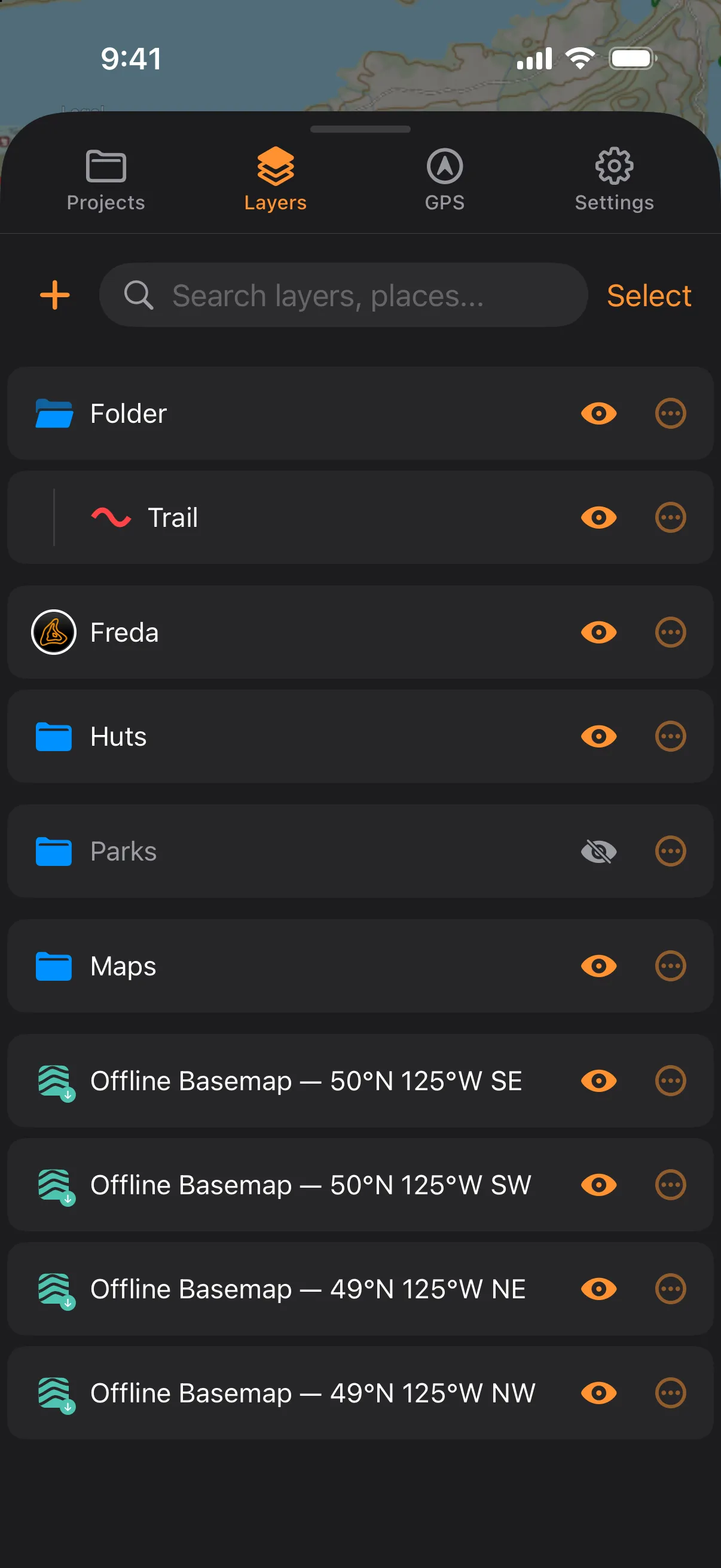The Layers tab on iPhone with four basemap rows at its foot, each a topo tile badged with a download arrow and named Offline Basemap with its square and quarter