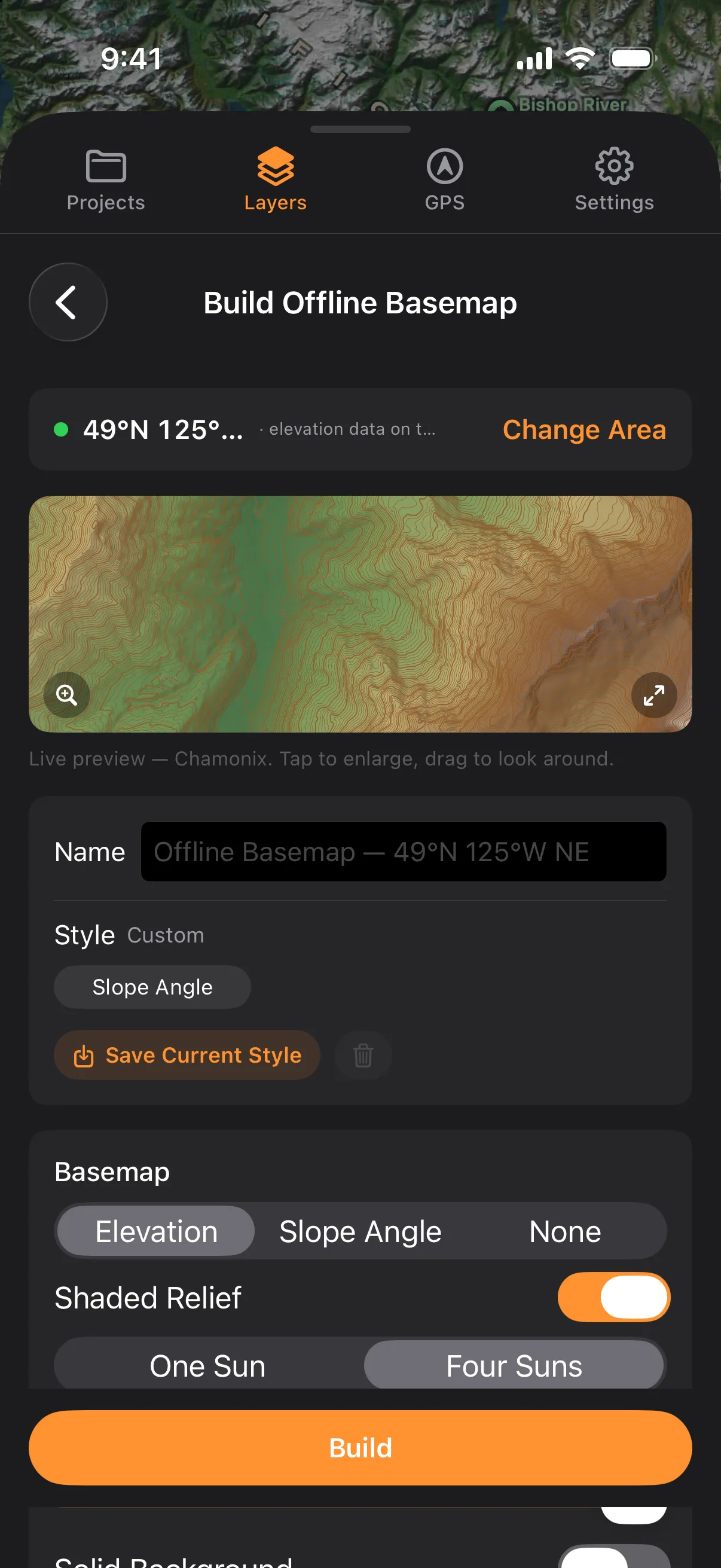 The Build Offline Basemap page on iPhone: the picked quarter and Change Area, the live preview, the Name field, the Style row with Slope Angle and Save Current Style, and the Basemap card with Elevation, Slope Angle and None, Shaded Relief and One Sun or Four Suns, above Build