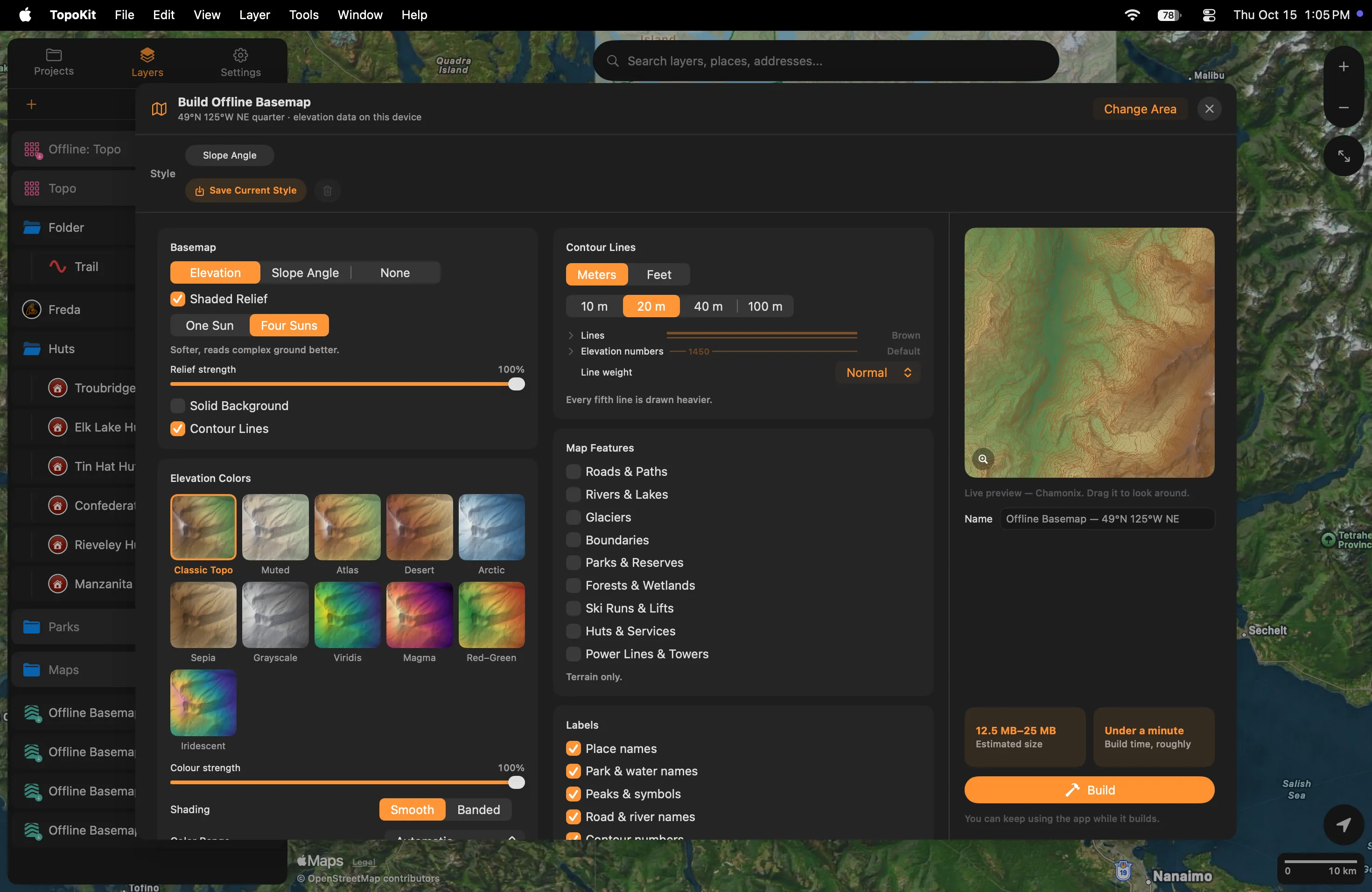 Build Offline Basemap open over the map on Mac: the Basemap, Elevation Colors, Contour Lines, Map Features and Labels cards, the live preview, the Name field, the estimated size and build time, and Build