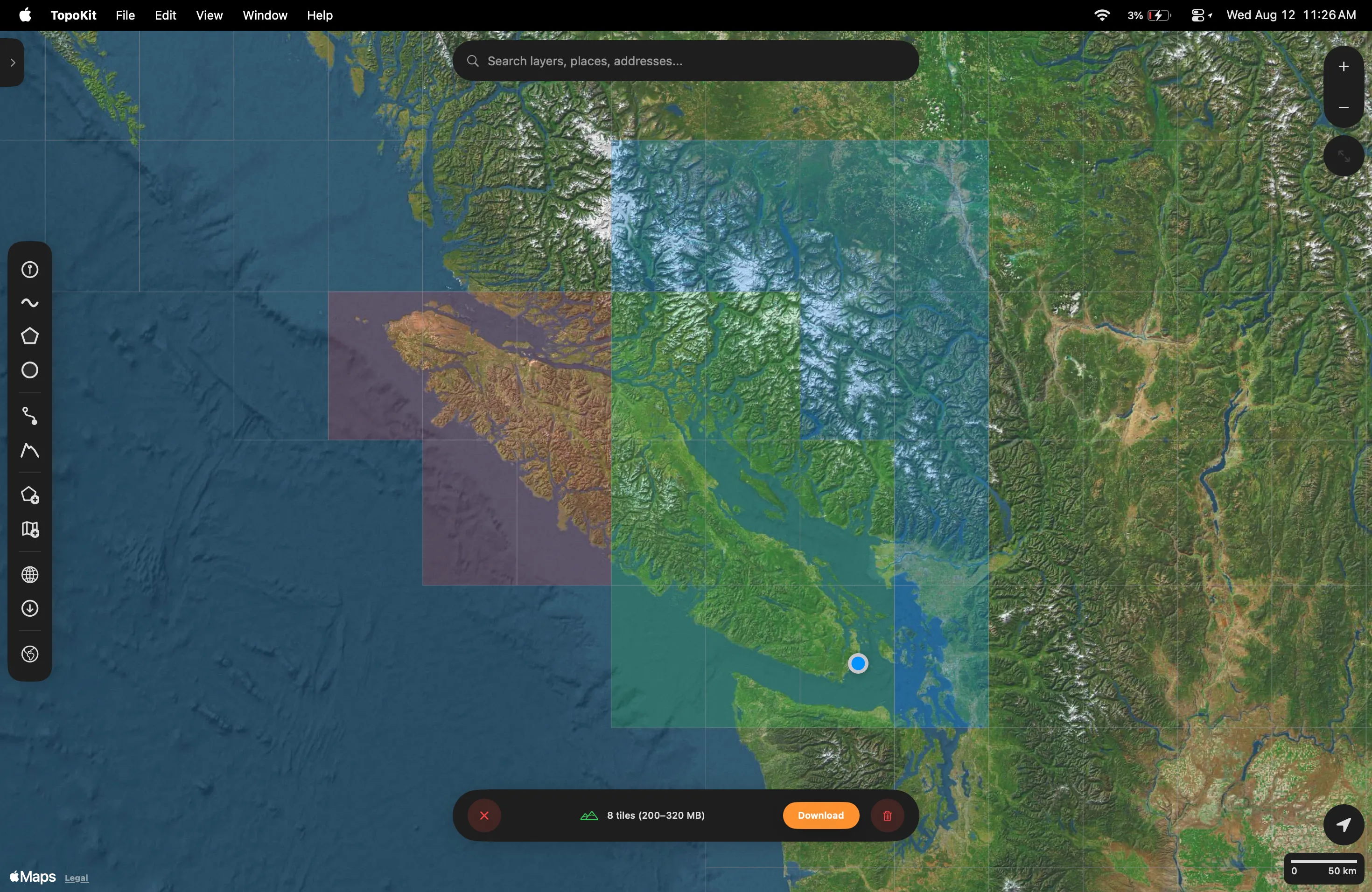 The DEM Tile Manager over a coastal area: the 1°×1° grid overlay with downloaded cells in green, cells selected for download in blue, and cells selected for deletion in red, with the selection count, size estimate and Download button in the bar below
