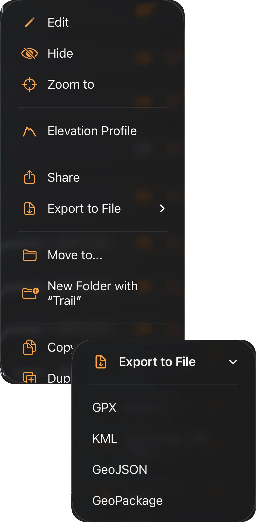The Layer options menu on the Trail row on iPhone, with the Export to File submenu open over its lower end: GPX, KML, GeoJSON and GeoPackage