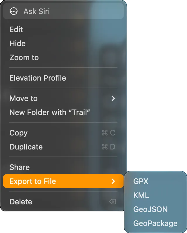 The right-click menu on the Trail row on Mac with Export to File highlighted and its submenu open: GPX, KML, GeoJSON and GeoPackage