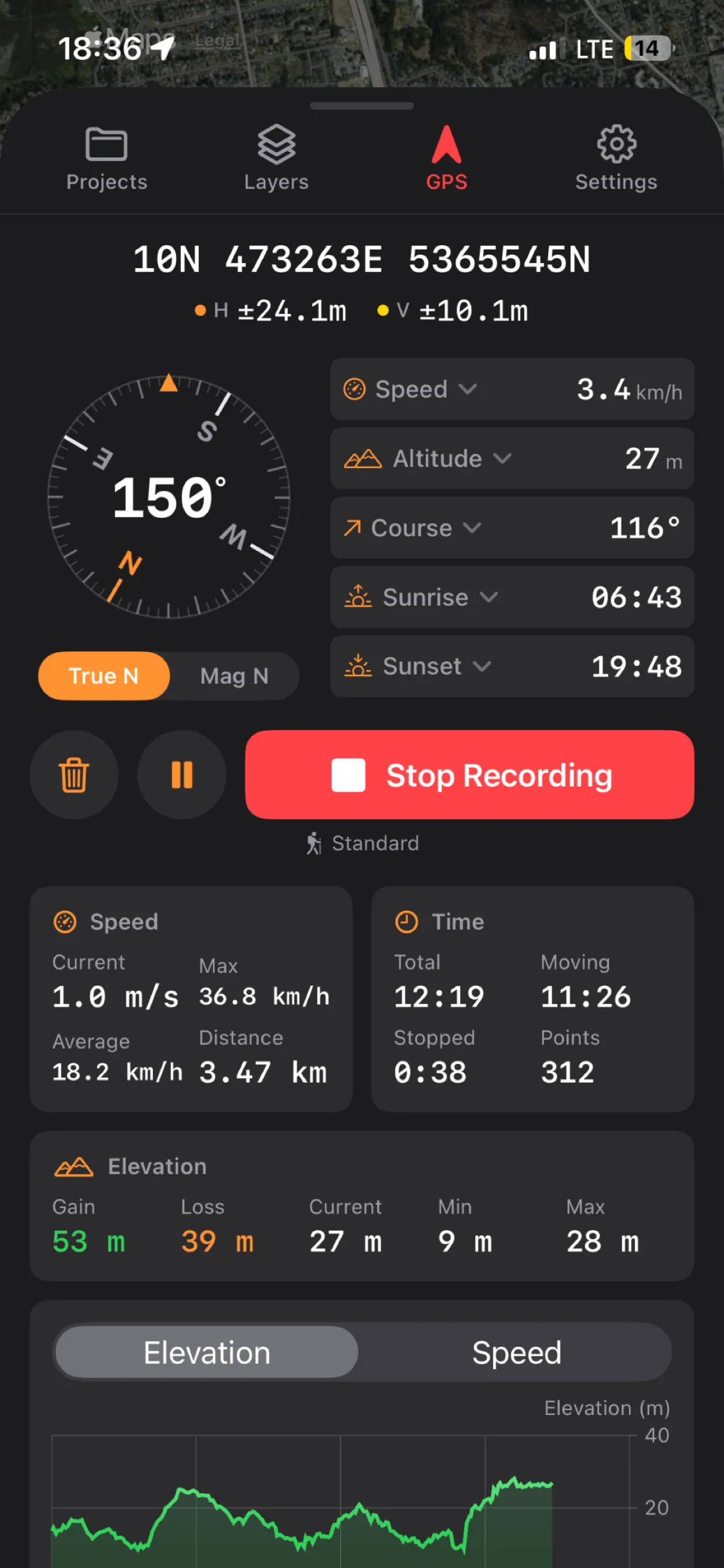 The GPS tab mid-recording: the coordinate readout and accuracy pills, the compass, five stat slots, the red Stop Recording button with Pause and trash beside it, and the Speed, Time and Elevation cards with the elevation profile below