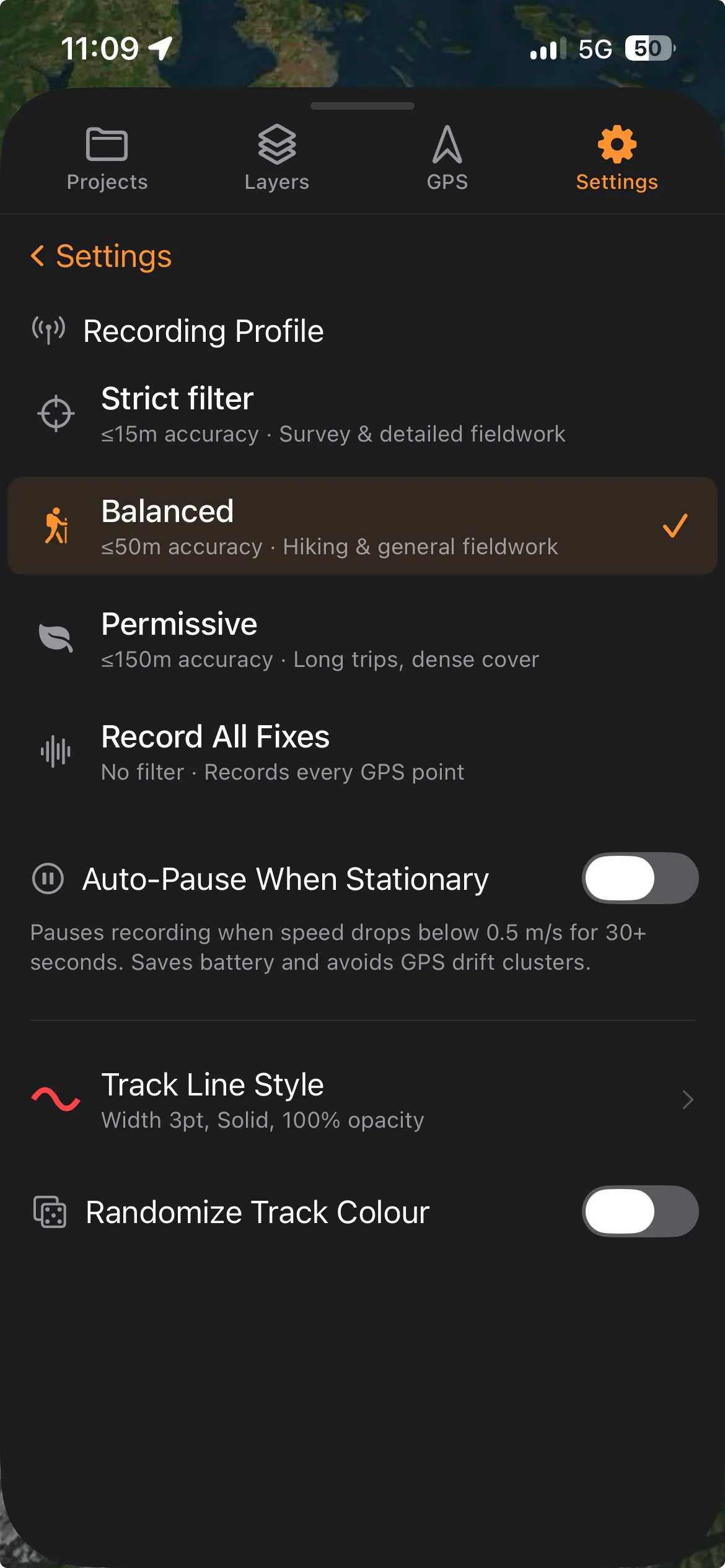 The GPS & Recording settings page on iPhone: the Recording Profile list with Strict filter, Balanced, Permissive and Record All Fixes, each with its accuracy and use case, and the Auto-Pause When Stationary toggle below