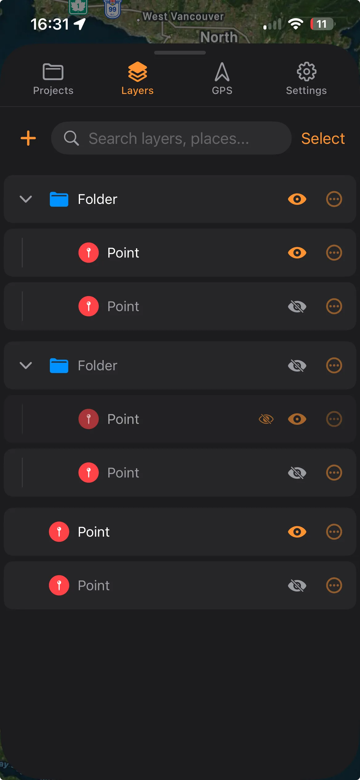 Two folders on iPhone. In the first, one point is visible and one is hidden by its own eye. The second folder is switched off, and the point inside it shows an orange crossed-out eye even though its own eye is still on