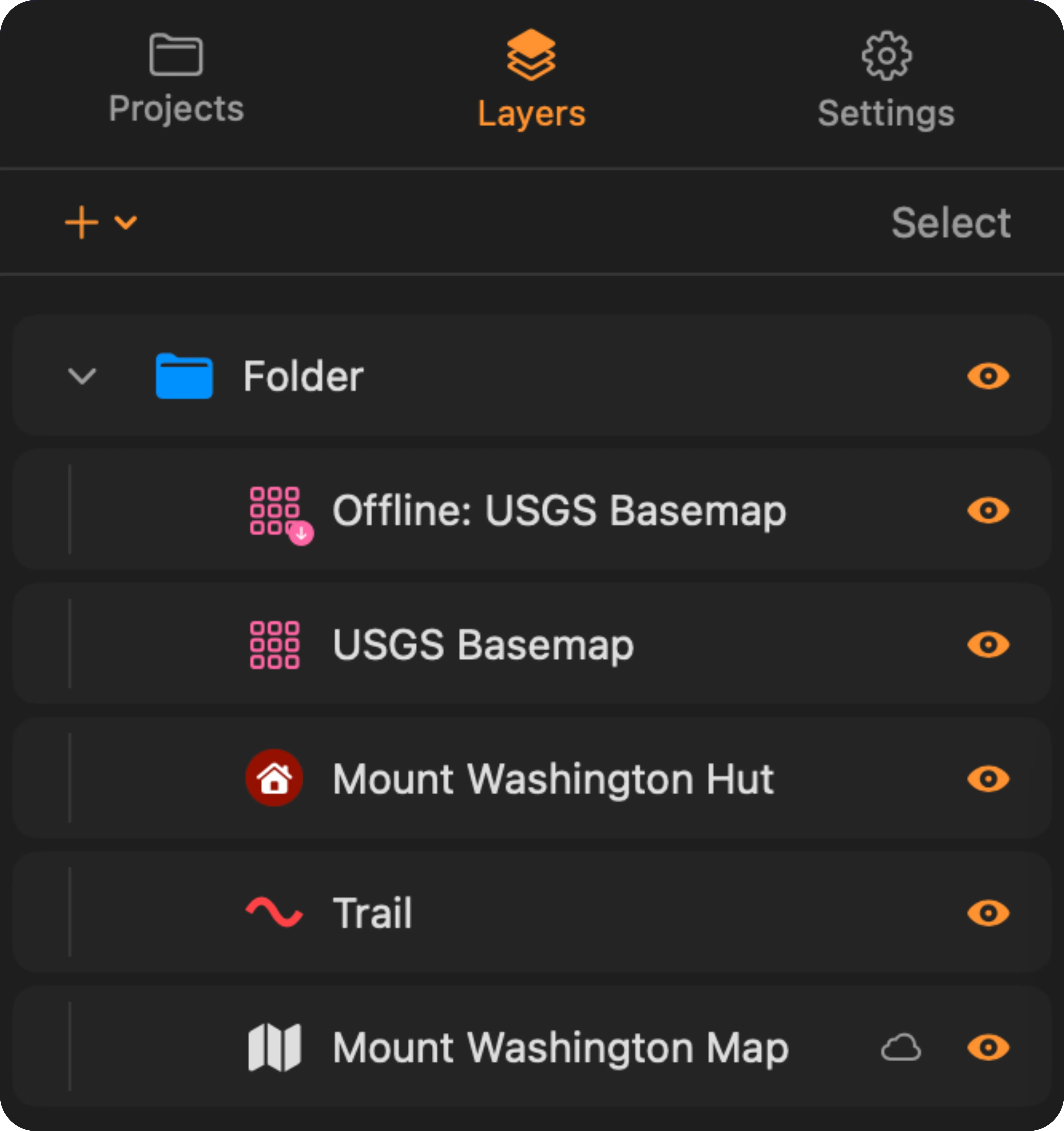 The Mac layer tree: an expanded folder holding an Offline: USGS Basemap row with its download badge, the USGS Basemap tile layer it came from, a point and a line each previewing their own style, and a raster row