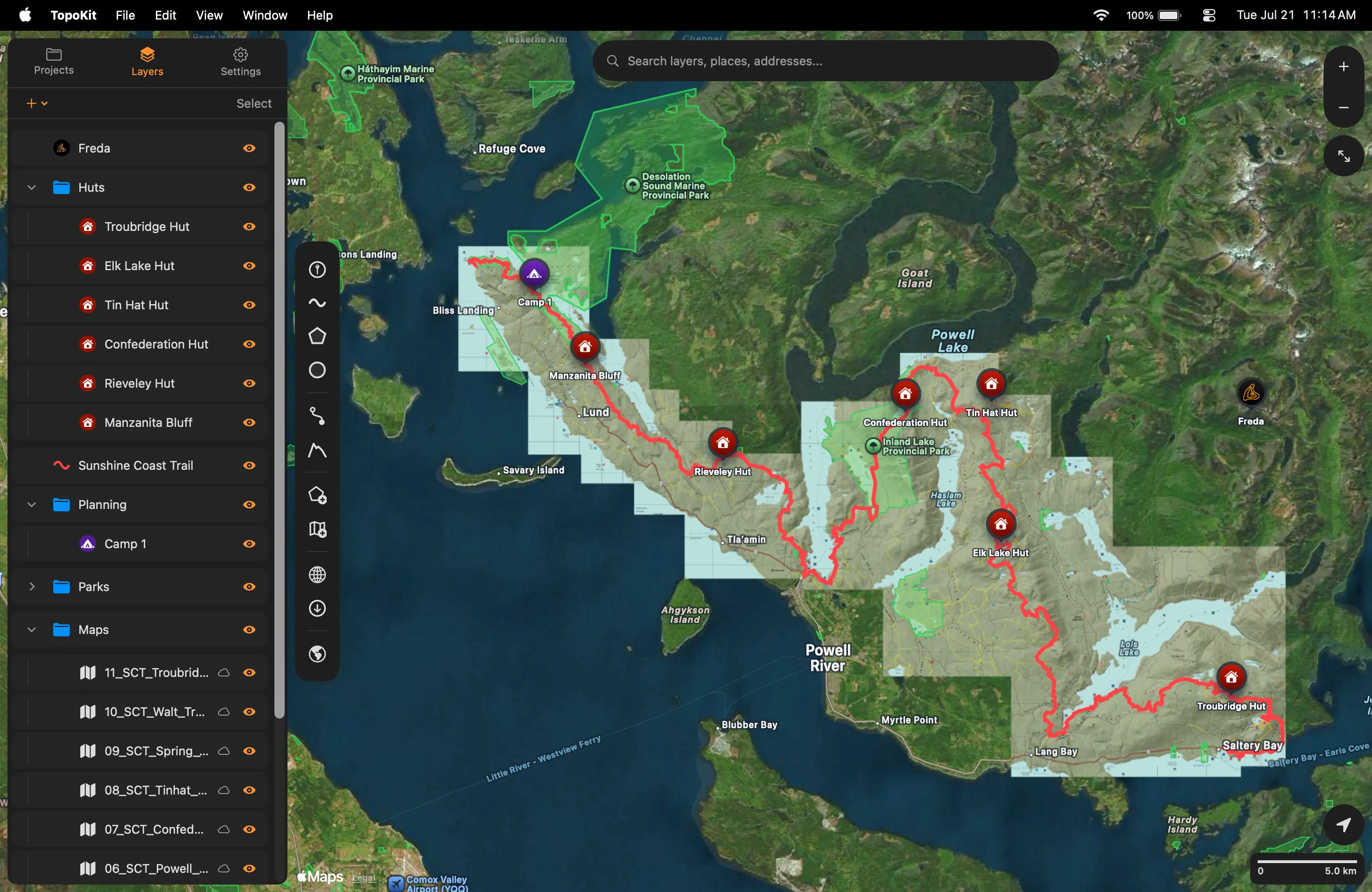 TopoKit on Mac: full-window map with the floating tabbed panel on the left and the tool sidebar beside it