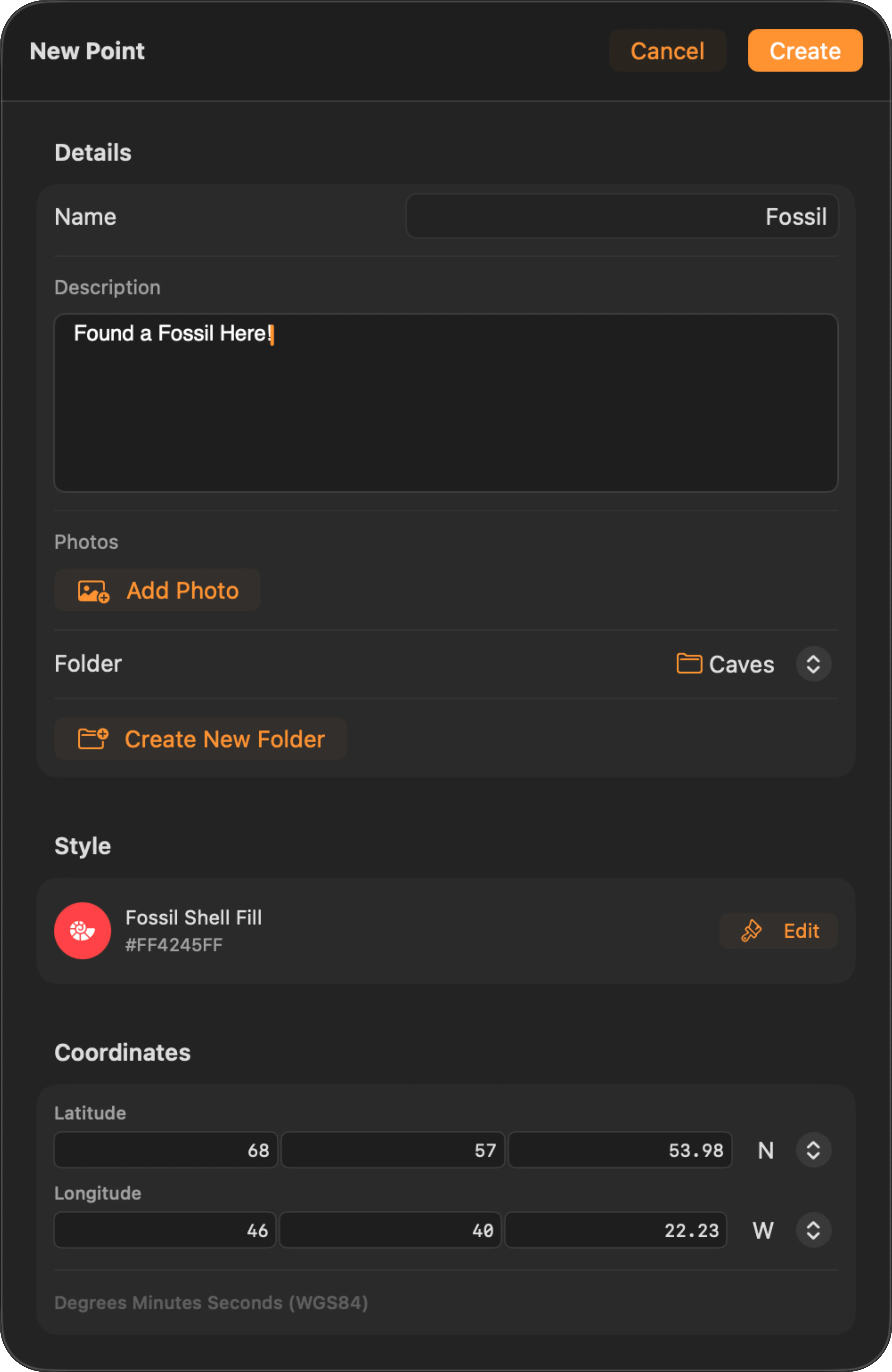 The point editor on Mac: Details with name, description, photos and folder picker, the Style row with its coloured pin preview, and the Coordinates section