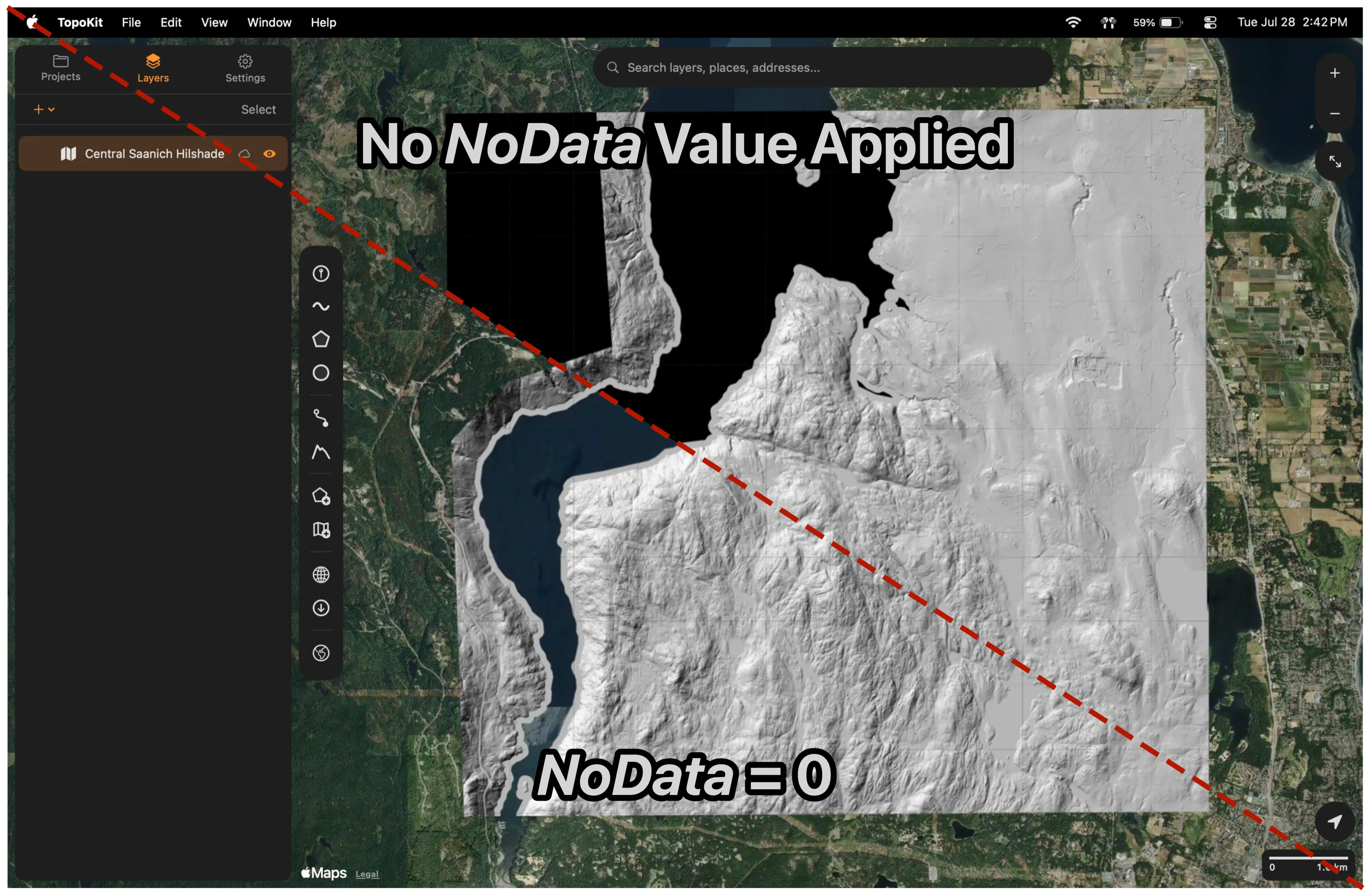 A hillshade over Central Saanich split by a diagonal. Above the line, labelled "No NoData Value Applied", the NoData pixels draw as a solid black block over the water. Below it, labelled "NoData = 0", the same pixels are transparent and the base map shows through