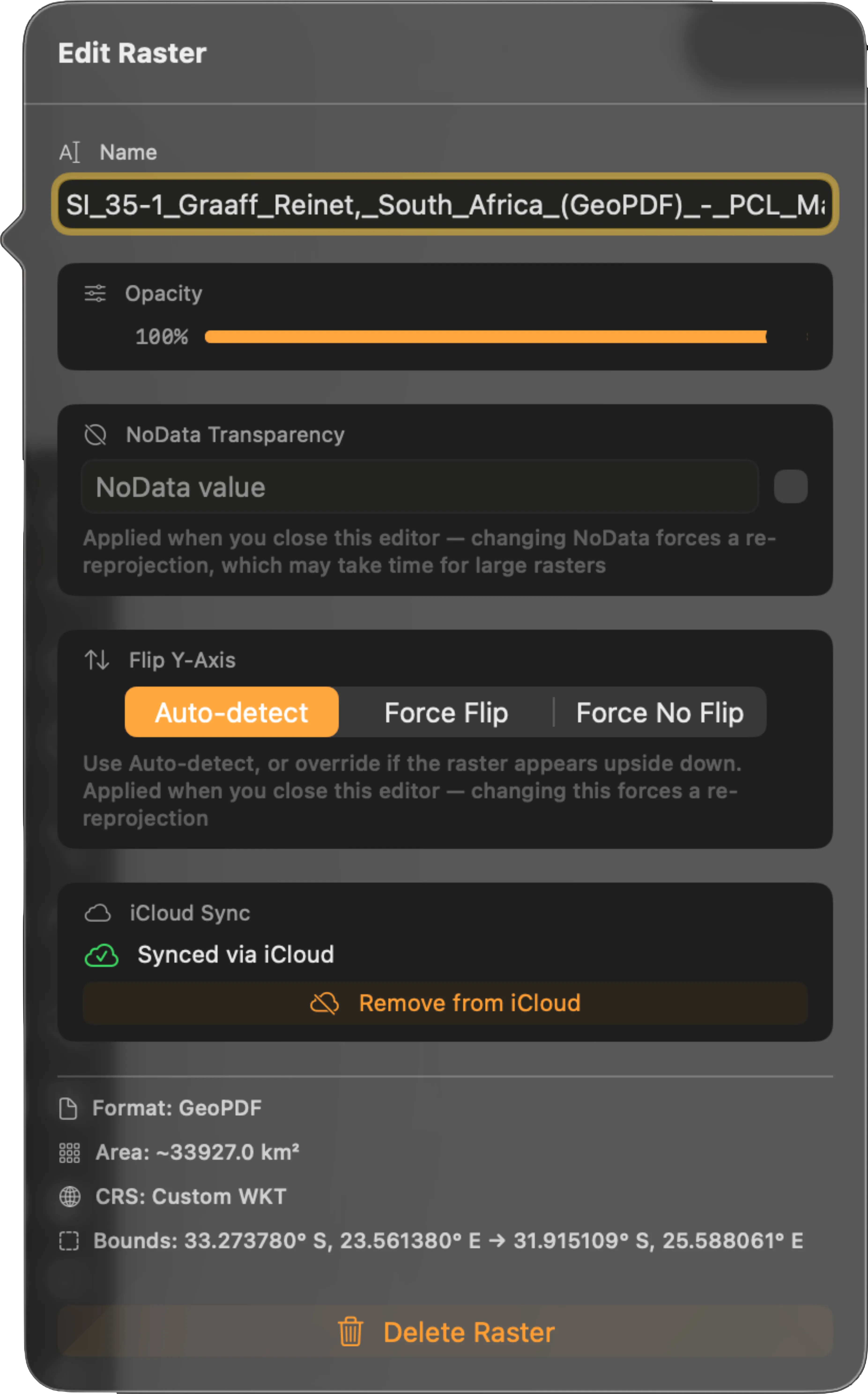The Edit Raster panel on an imported GeoTIFF, showing Name, Opacity, Render Quality, NoData Transparency, Flip Y-Axis and iCloud Sync