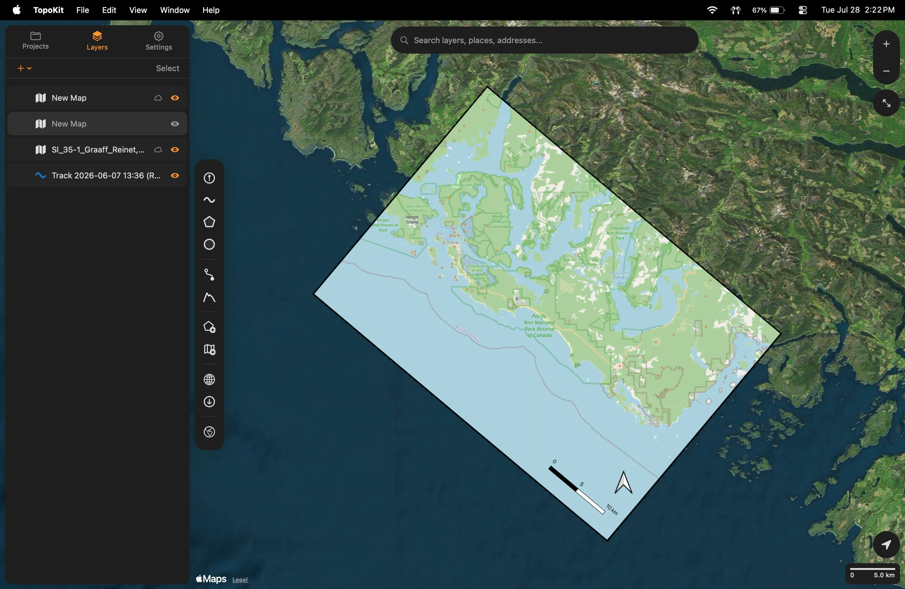 A rotated raster overlay on the Mac map, drawn as a tilted quadrilateral in its true orientation on the satellite base map