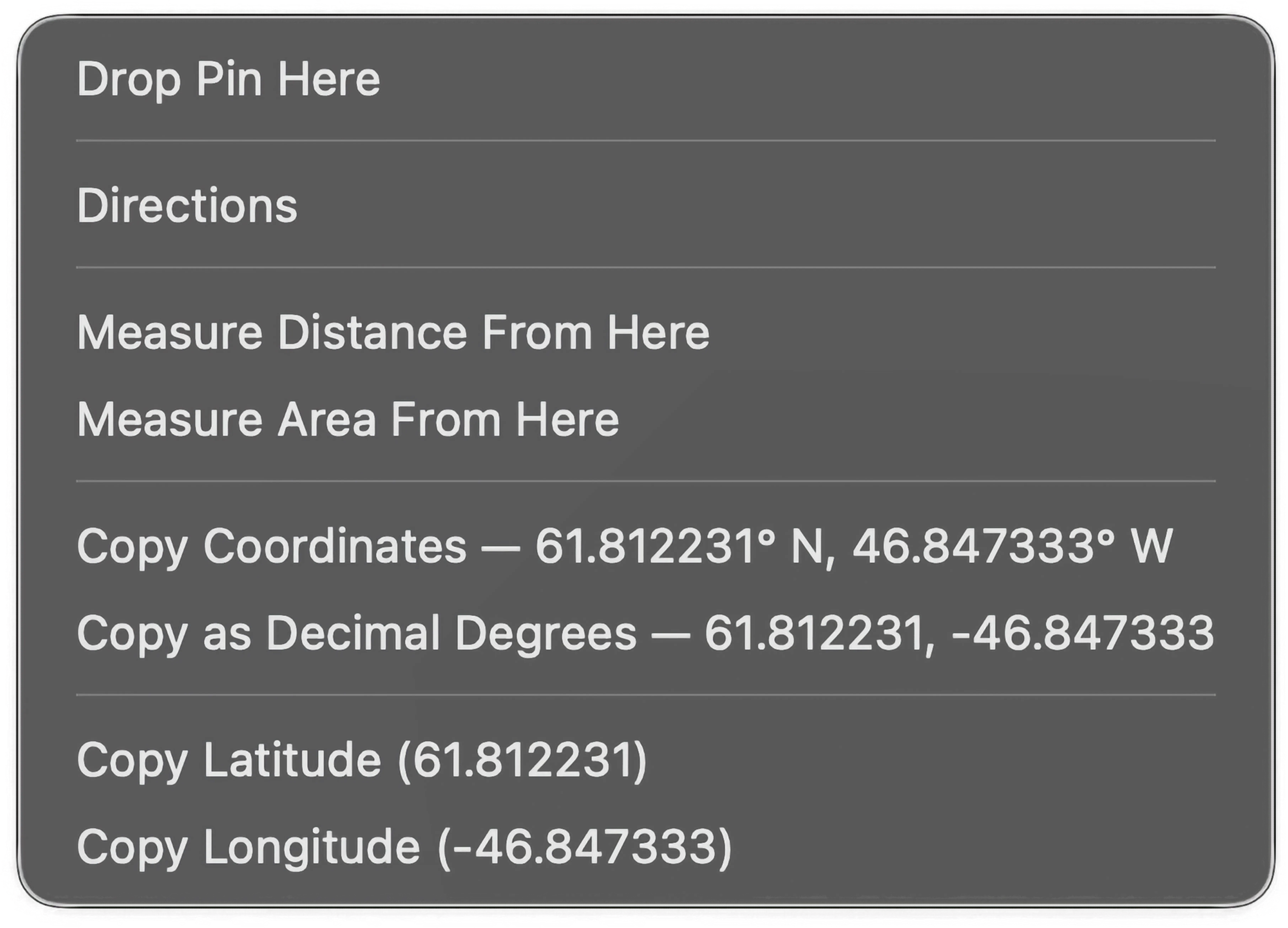 The Mac right-click menu on the map: Drop Pin Here, Directions, Measure Distance From Here, Measure Area From Here, and the coordinate copy options