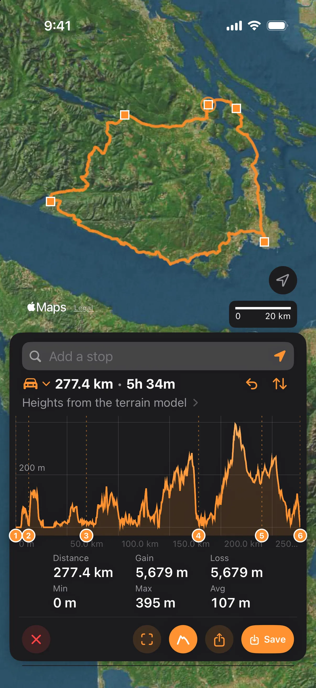 The elevation profile of the loop on iPhone, drawn on the tool card under the map, which shows the stops as squares with Crofton Terminal, where the loop starts and ends, ringed beside Ganges at the top: the chart with the six stops marked along its foot, and Distance 277.4 km, Gain 5,679 m, Loss 5,679 m, Min 0 m, Max 395 m and Avg 107 m below it