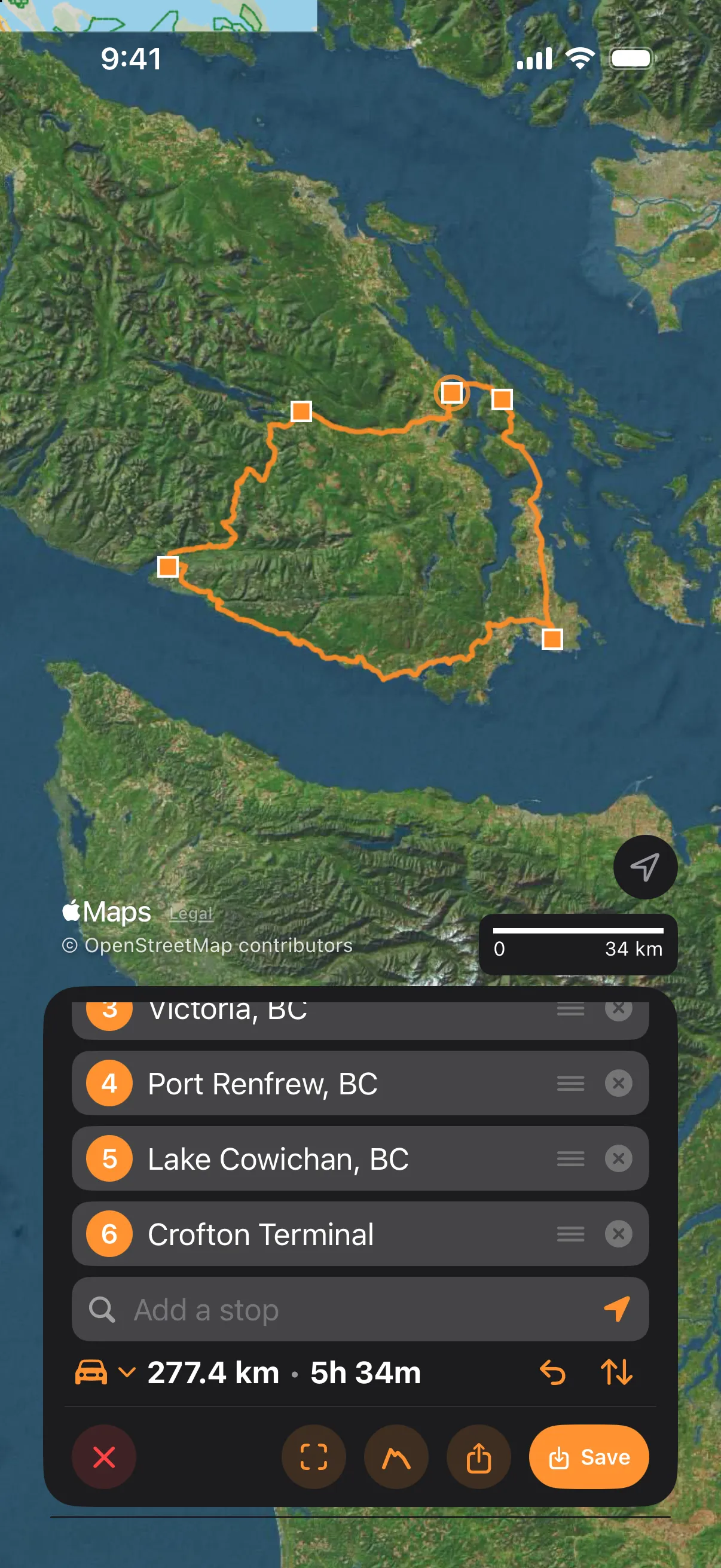 The Add Route tool card on iPhone with the loop round southern Vancouver Island drawn and its stops as squares, Crofton Terminal, where the loop starts and ends, ringed beside Ganges at the top: the numbered stop fields with Port Renfrew, Lake Cowichan and Crofton Terminal in view, the empty Add a stop field, the totals line reading 277.4 km • 5h 34m in Drive with Undo and Reverse, and ✕, Zoom to, Elevation profile, Share and Save