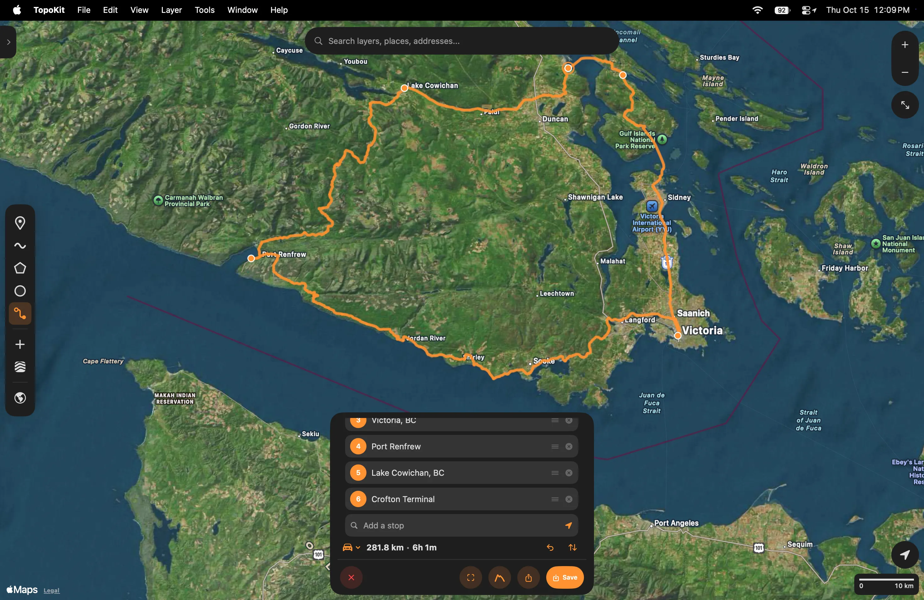 The Add Route tool card on a Mac with the loop round southern Vancouver Island drawn and its stops as dots, Crofton Terminal, where the loop starts and ends, ringed beside Ganges at the top: the numbered stop fields, the empty Add a stop field, the totals line reading 281.8 km • 6h 1m in Drive with Undo and Reverse, and ✕, Zoom to, Elevation profile, Share and Save