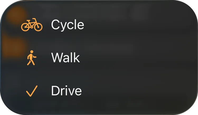 The travel-mode menu on iPhone: Cycle, Walk, and Drive ticked