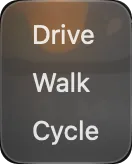 The travel-mode menu on Mac: Drive, Walk and Cycle
