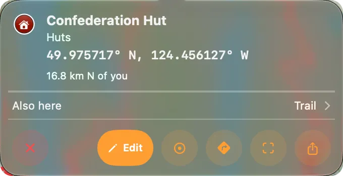 The card for Confederation Hut on Mac: its glyph, Huts, the coordinate, the distance from you, an Also here row reading Trail, and the button row with Edit as the pill