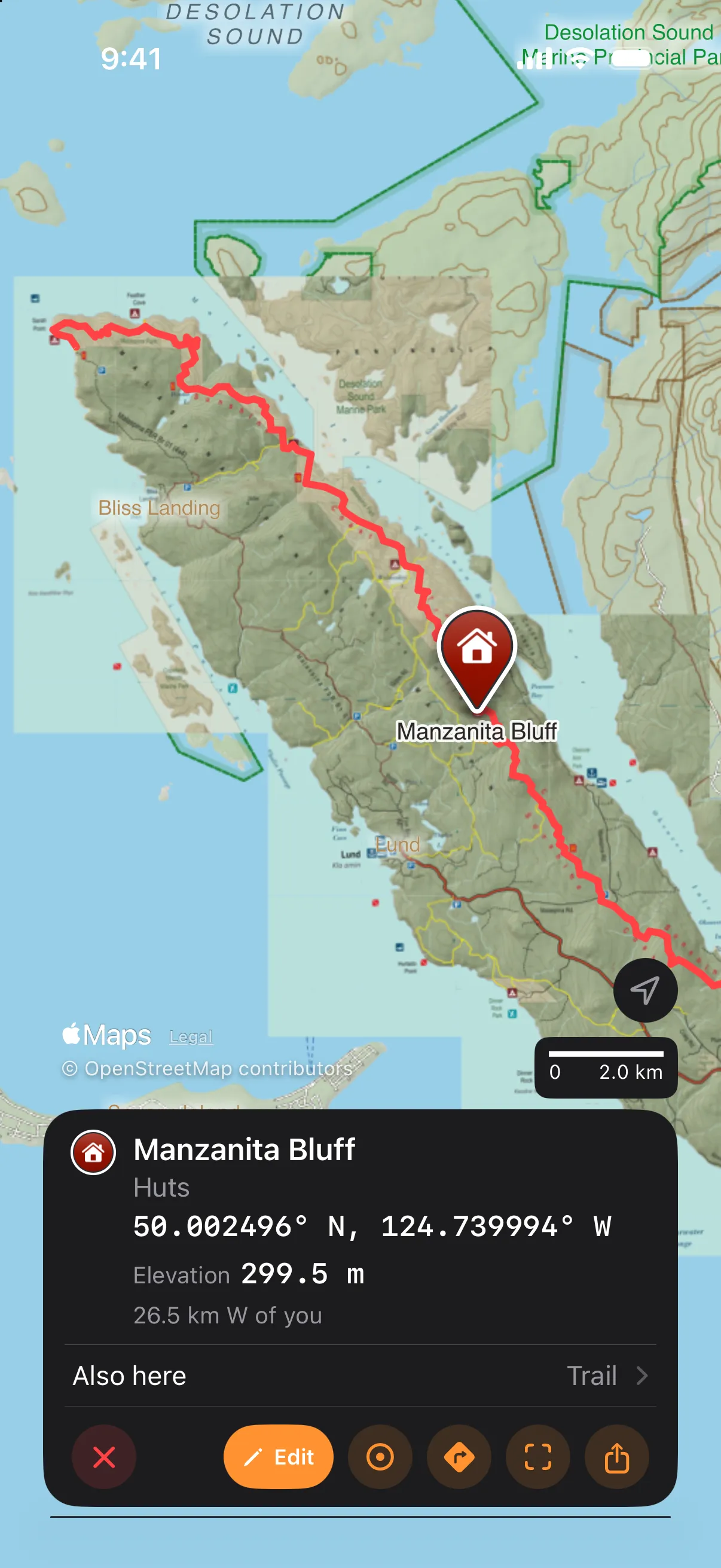 The card for Manzanita Bluff on iPhone, a hut on the trail: its glyph, Huts, Elevation, the distance from you, and an Also here row reading Trail