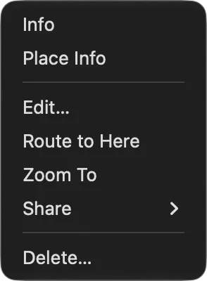 The right-click menu on one of your own points: Info and Place Info, then Edit…, Route to Here, Zoom To and Share, then Delete…