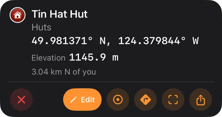 The card for Tin Hat Hut on iPhone: its glyph, the name, the line Huts for its folder, the coordinate, Elevation 1145.9 m, the distance and bearing from you, and the round buttons along the foot with Edit as the pill