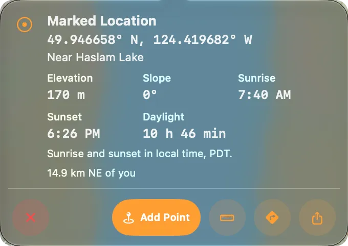 The place card on Mac after Info on bare ground: Marked Location, the coordinate, Near Haslam Lake, Elevation, Slope, Sunrise, Sunset and Daylight, the distance from you, and Add Point as the pill