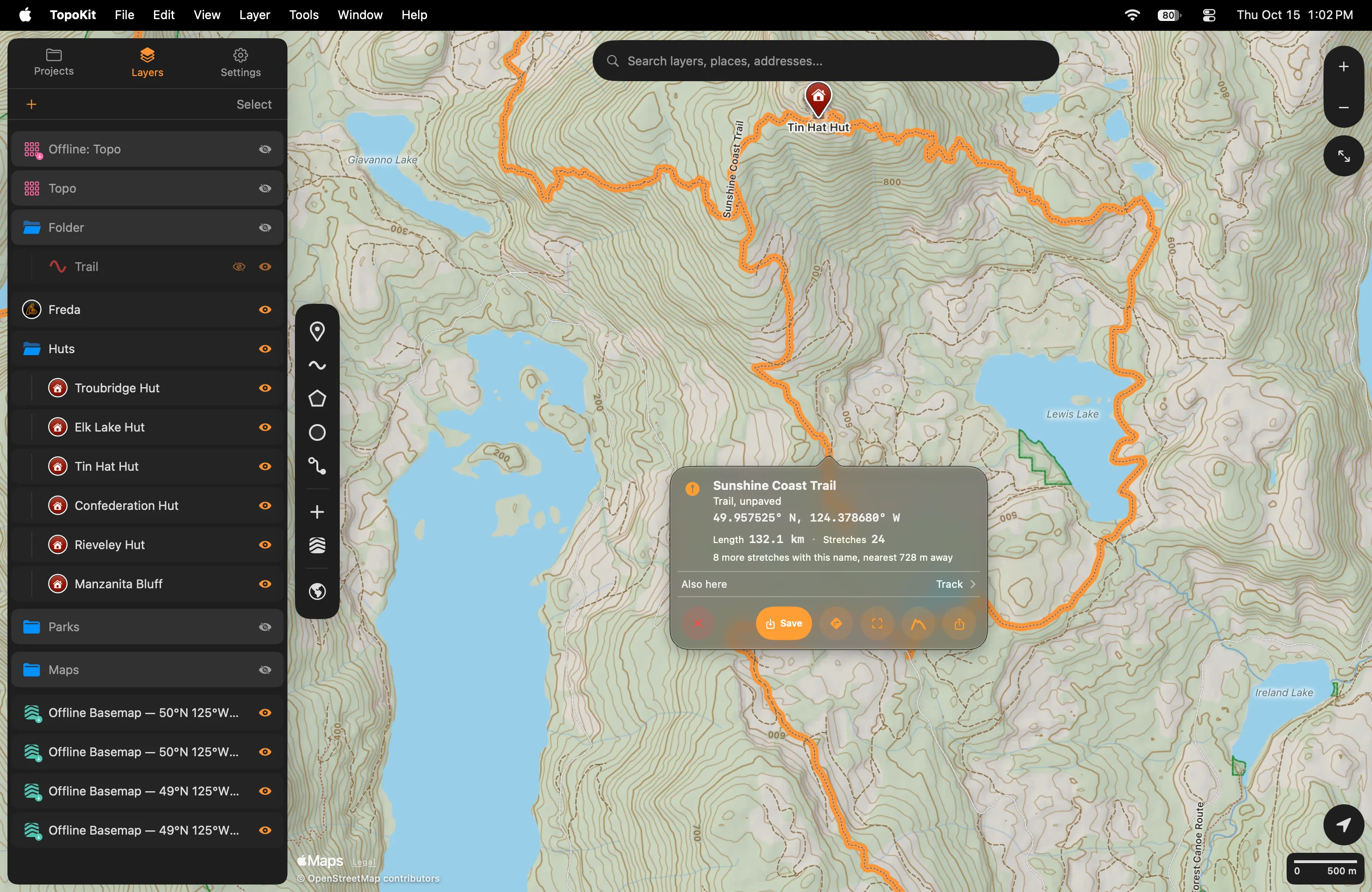 A basemap trail clicked on Mac: the Sunshine Coast Trail lit orange along its length, and the card at the spot clicked with its name, Trail, unpaved, the coordinate, Length and Stretches, the count of other stretches with this name, an Also here row, and Save