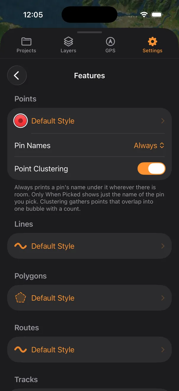 The Features page in Settings on iPhone, at its top: under Points, Default Style, Pin Names set to Always and Point Clustering on; then the Default Style rows of Lines, Polygons and Routes, with the Tracks heading at the bottom edge
