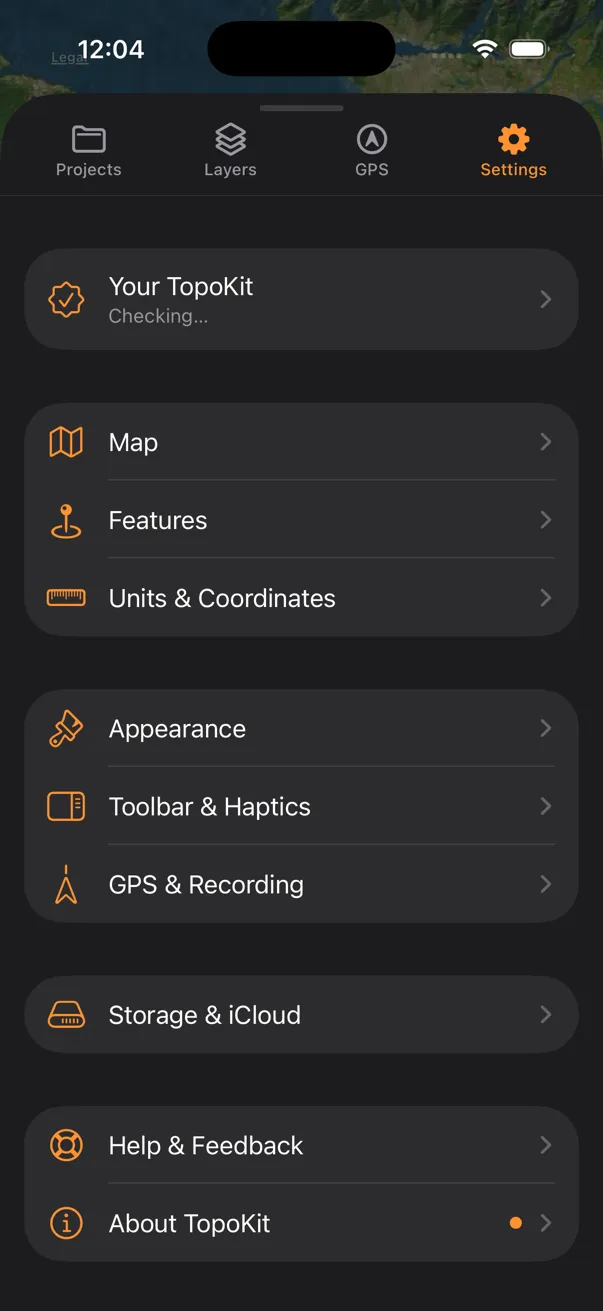 The Settings tab on iPhone: the Your TopoKit row with its status line reading Checking…, then Map, Features and Units and Coordinates, Appearance, Toolbar and Haptics and GPS and Recording, Storage and iCloud, and Help and Feedback and About TopoKit with the orange dot of unread release notes
