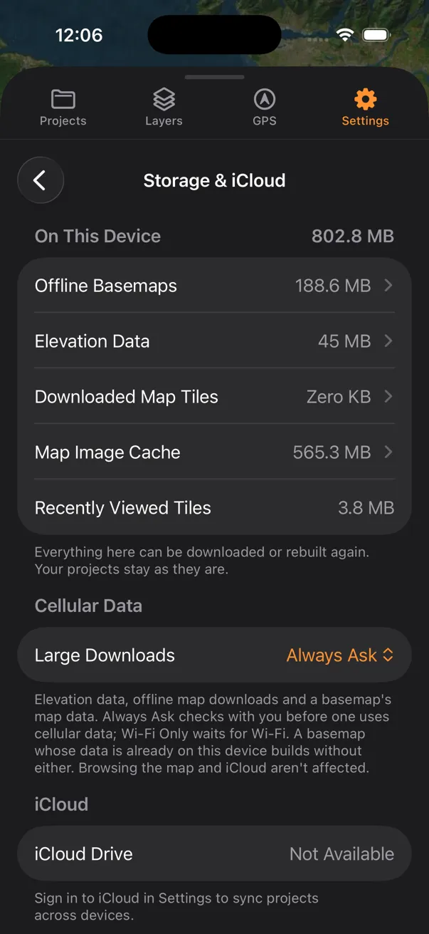 The Storage and iCloud page in Settings on iPhone: the five rows under On This Device with their sizes, Large Downloads set to Always Ask under Cellular Data, and iCloud Drive reading Not Available under iCloud