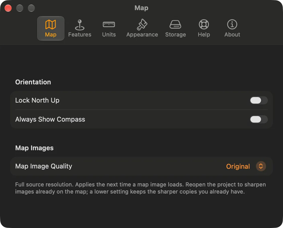 The Mac Settings window on its Map tab: the toolbar with Map, Features, Units, Appearance, Storage, Help and About, then the Orientation rows Lock North Up and Always Show Compass, both off, and Map Image Quality set to Original under Map Images