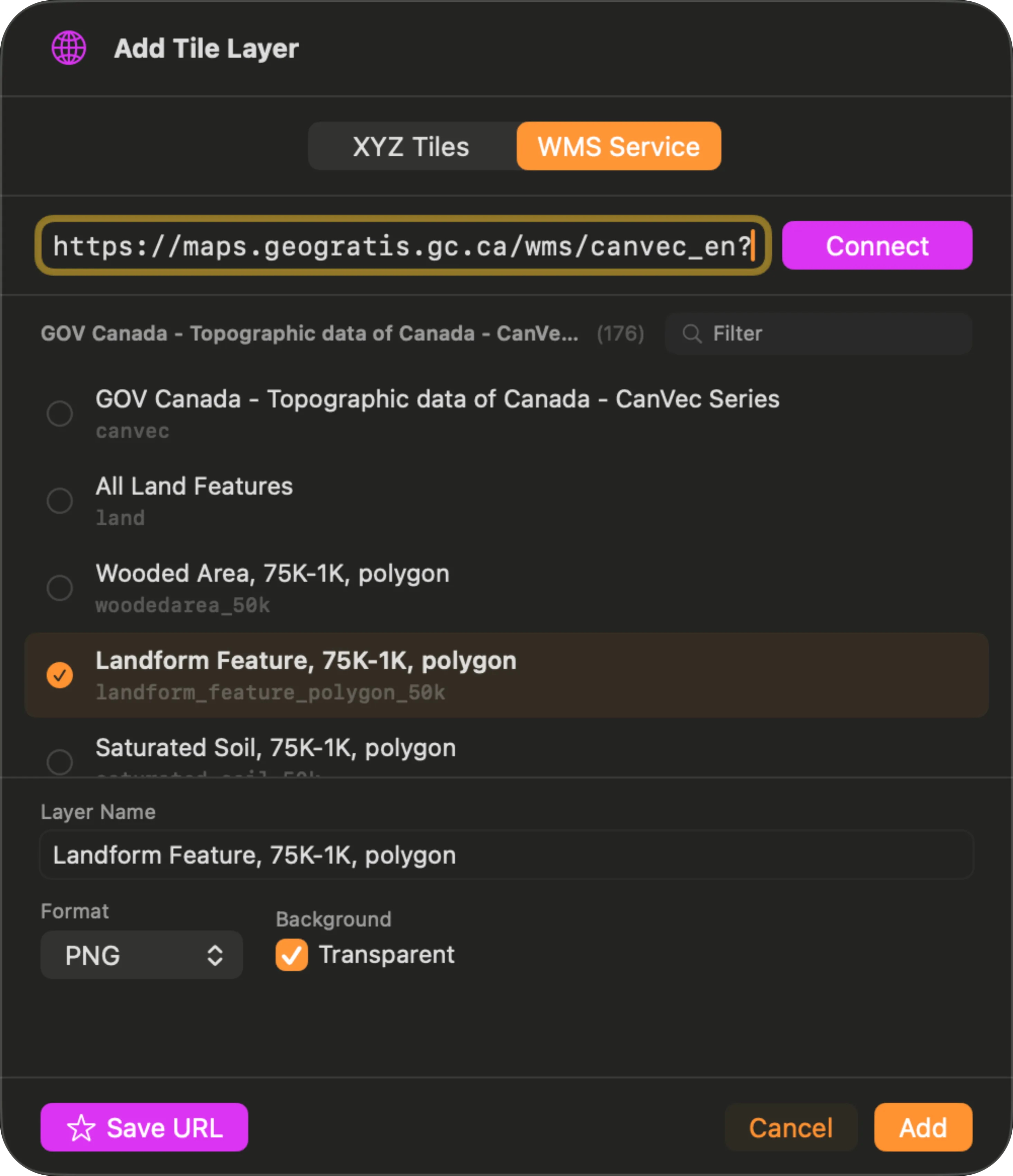 The WMS Service tab after connecting, listing the service's layers with their titles and machine-readable names, the search field, and a star on each row for favouriting