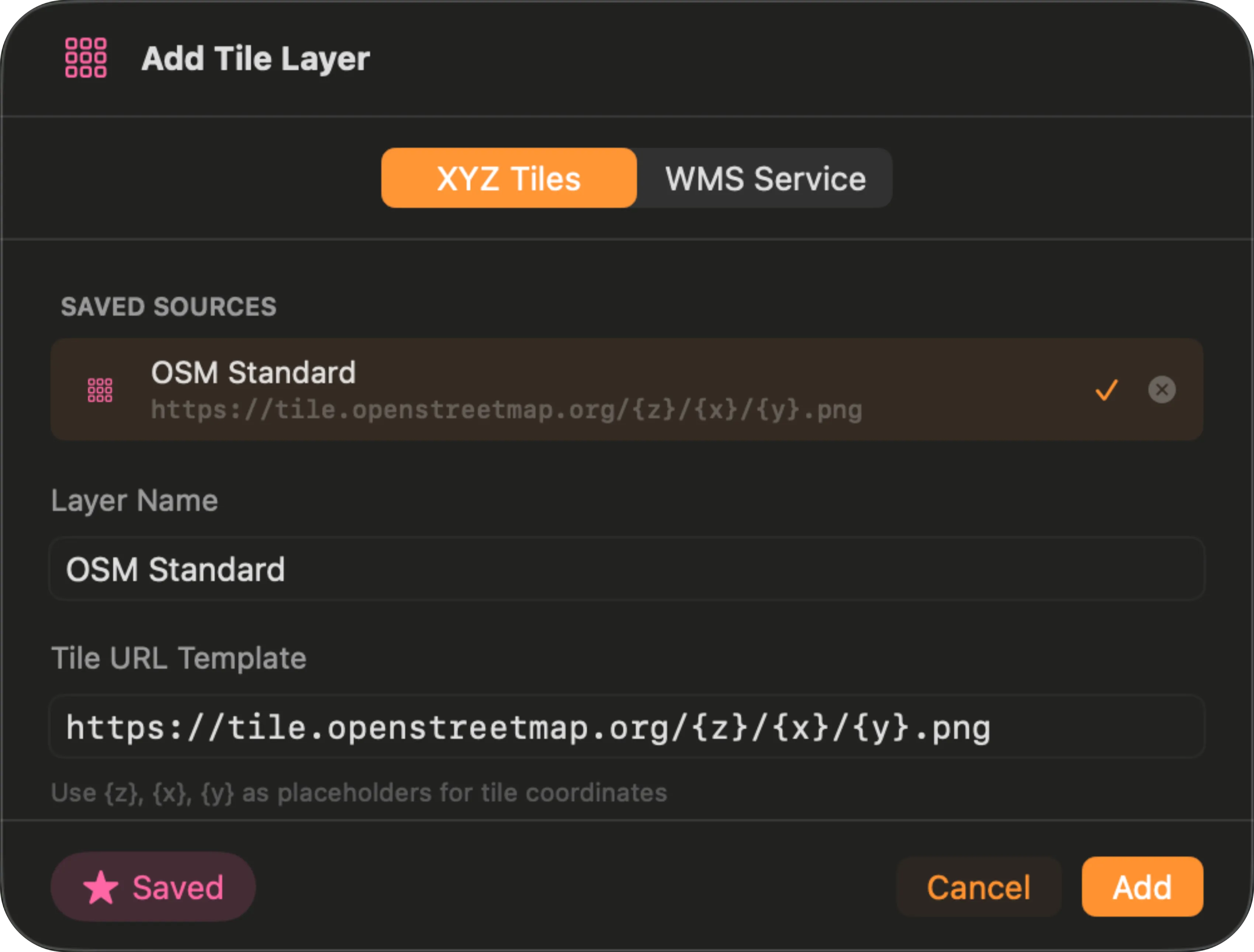 The Add Tile Layer sheet on the XYZ Tiles tab, with the tab switcher at the top, saved sources listed above the form, and a tile URL template in the Tile URL Template field