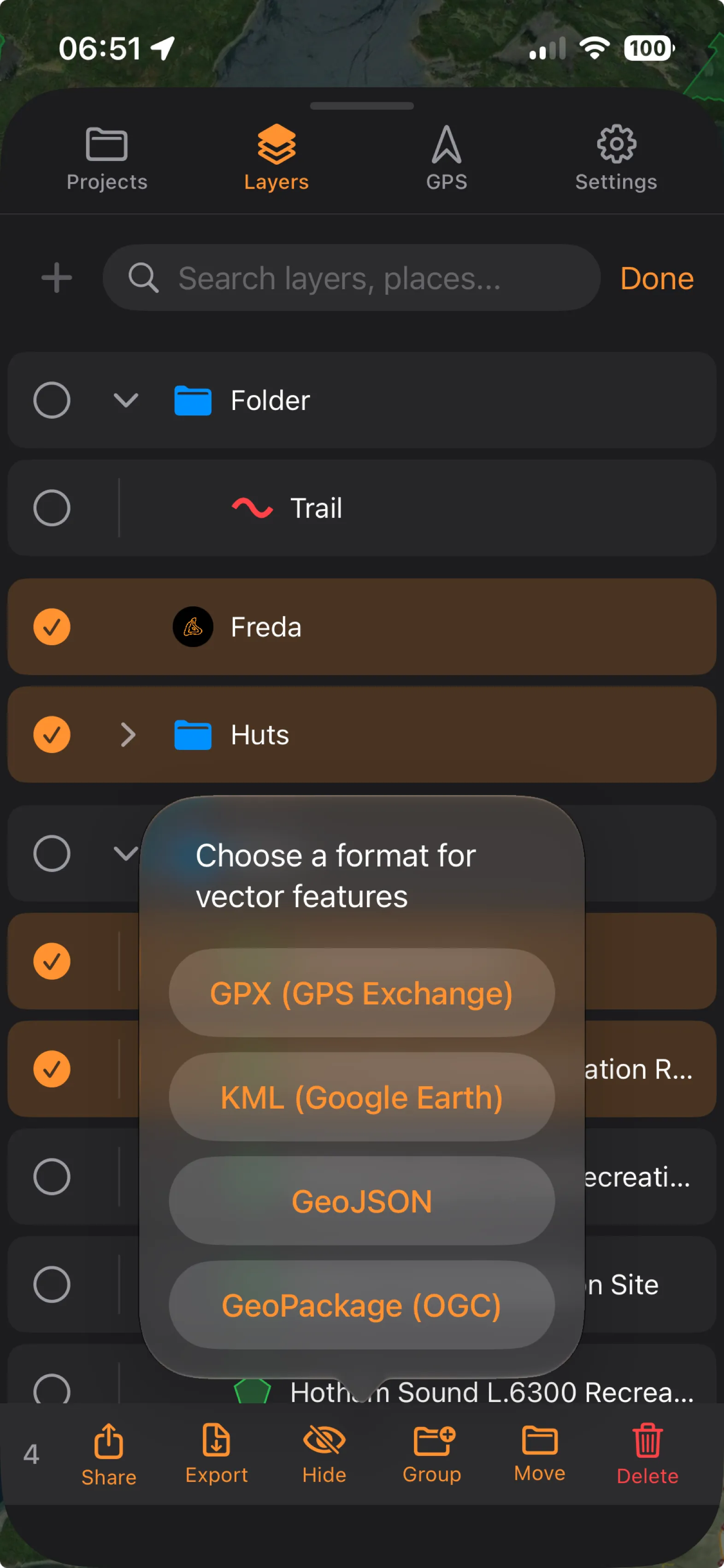 Select mode in the iPhone layer tree with several top-level rows checked and the action bar at the bottom showing the Export button