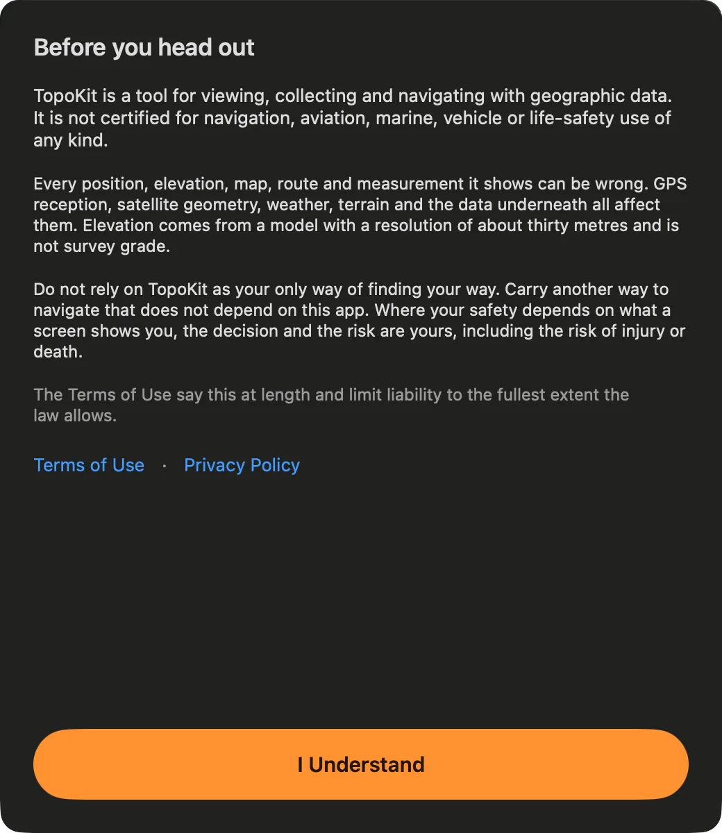 The Before you head out sheet on Mac: four short paragraphs, the Terms of Use and Privacy Policy links, and the I Understand button